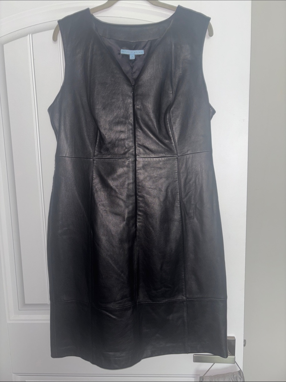 Antonio Melani zip front sleeveless black leather shift dress